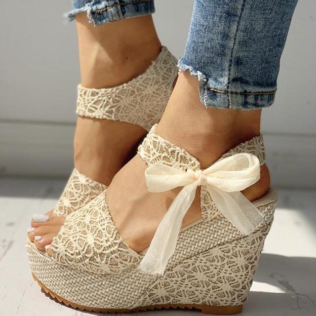 Stevvex wedding lace high heels and summer sandals with ankle strap, bow detail, platform, espadrille style, suitable for beach or casual wear.
