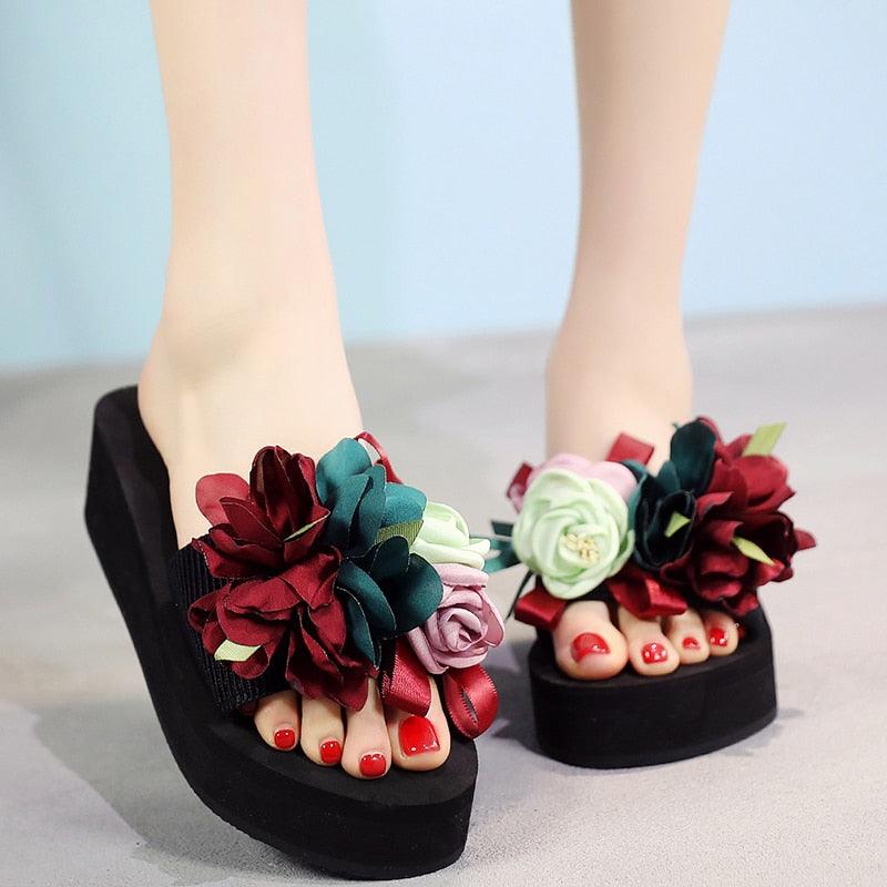 Stevvex women's bow summer sandals with high heels, platform flip-flops, floral design, indoor outdoor casual beach shoes.