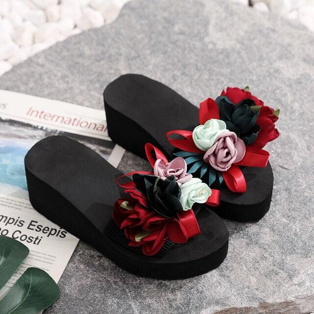 Women Stevvex bow summer sandals with high heels, platform flip-flops, casual flower design, indoor outdoor beach shoes