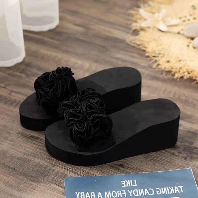 Women Stevvex bow-embellished summer sandals with high heels, platform flip-flops, indoor-outdoor beach shoes, casual floral style