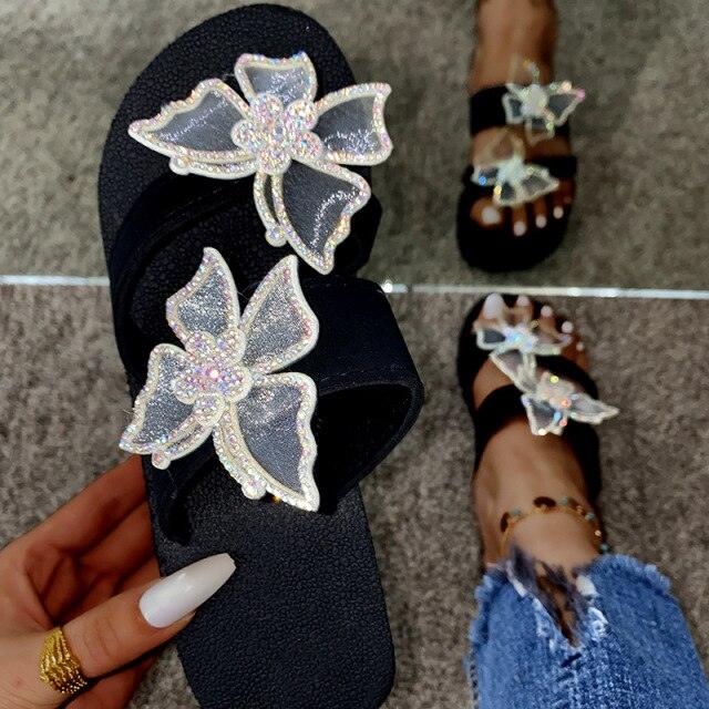 Pink women's open-toe platform sandals with butterfly design, comfortable summer slippers by Stevvex featuring elegant, dressy style.