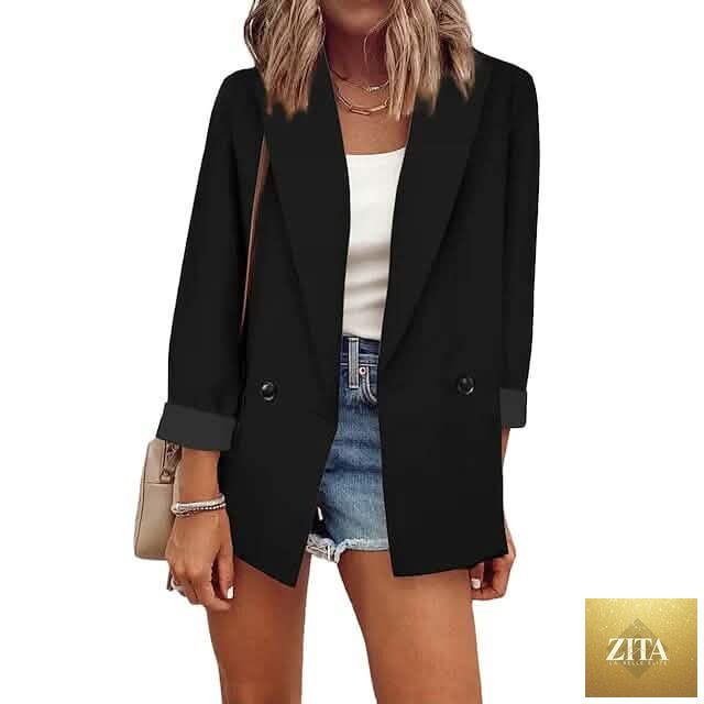 Women's black double-breasted solid-colored blazer, a stylish piece of women's outerwear from DailySale.
