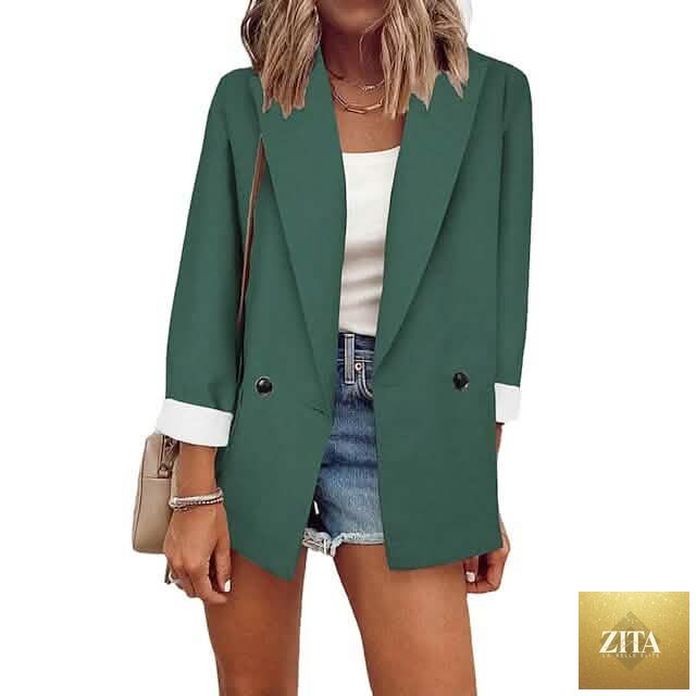 Women's green double-breasted blazer by EasyOptionXY, solid-colored blazer with tailored fit and classic style.
