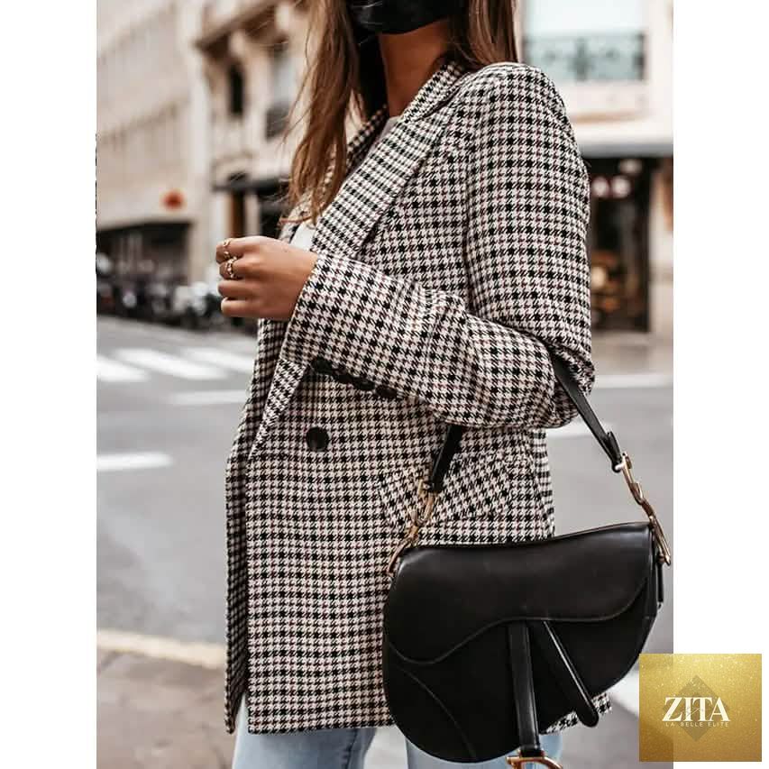 Women’s casual blazer jacket with long sleeves, plaid check pattern, quilted design, and stylish outerwear from DailySale.
