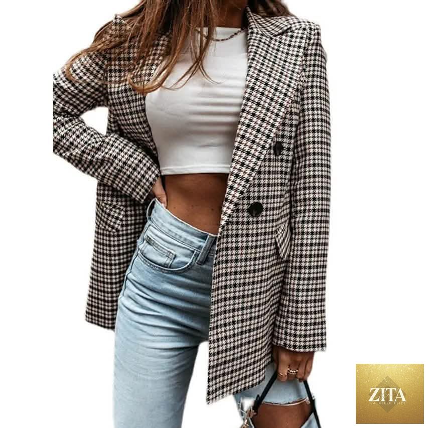 Women's casual quilted blazer jacket with long sleeves and plaid check pattern, stylish outerwear from DailySale.