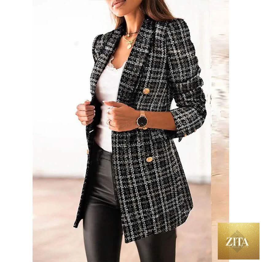 Black women's blazer casual jacket from EasyOptionXY, tailored fit, worn open with lapel collar and long sleeves.