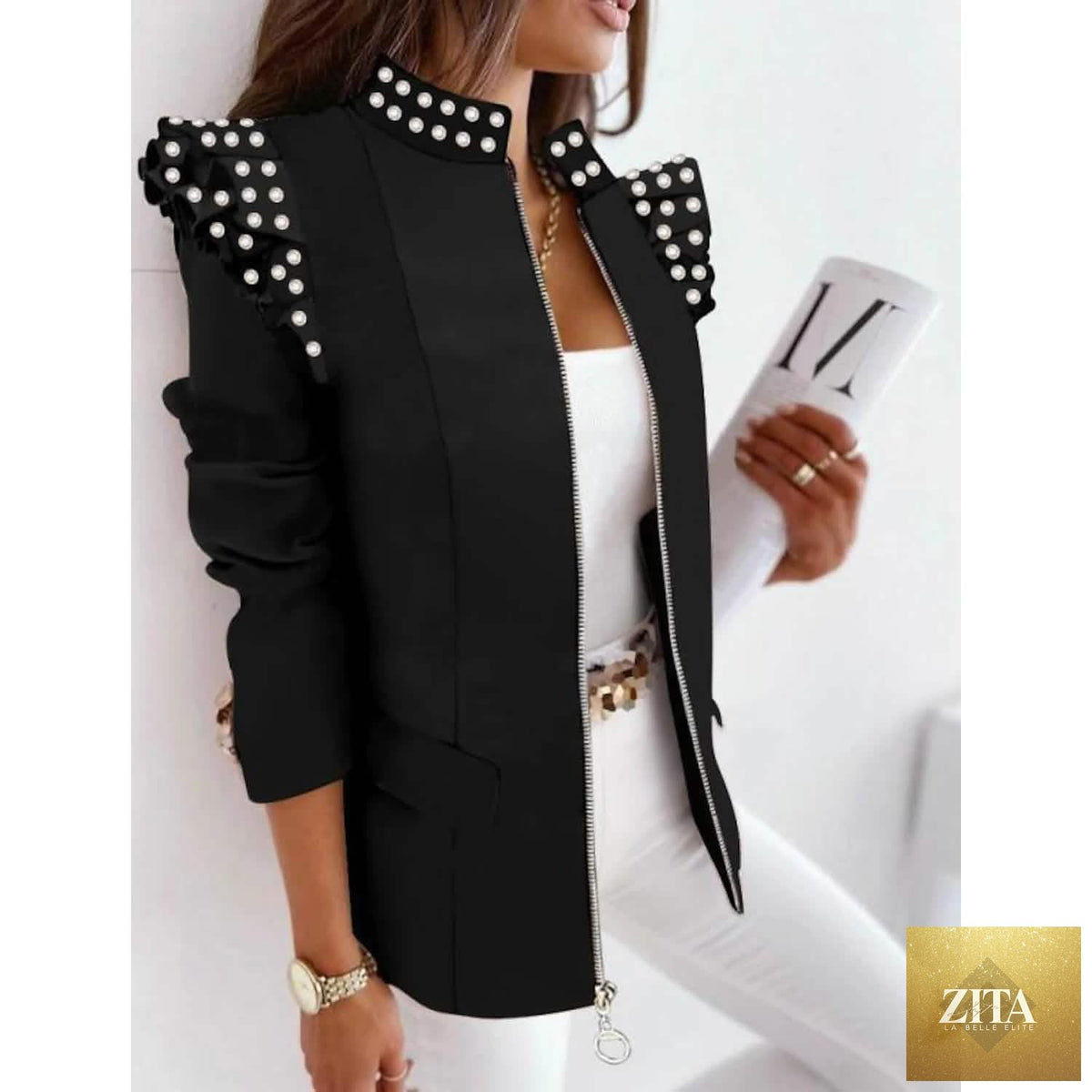 Black women's blazer from DailySale, stylish formal casual outerwear, tailored fit with lapels and button closure.