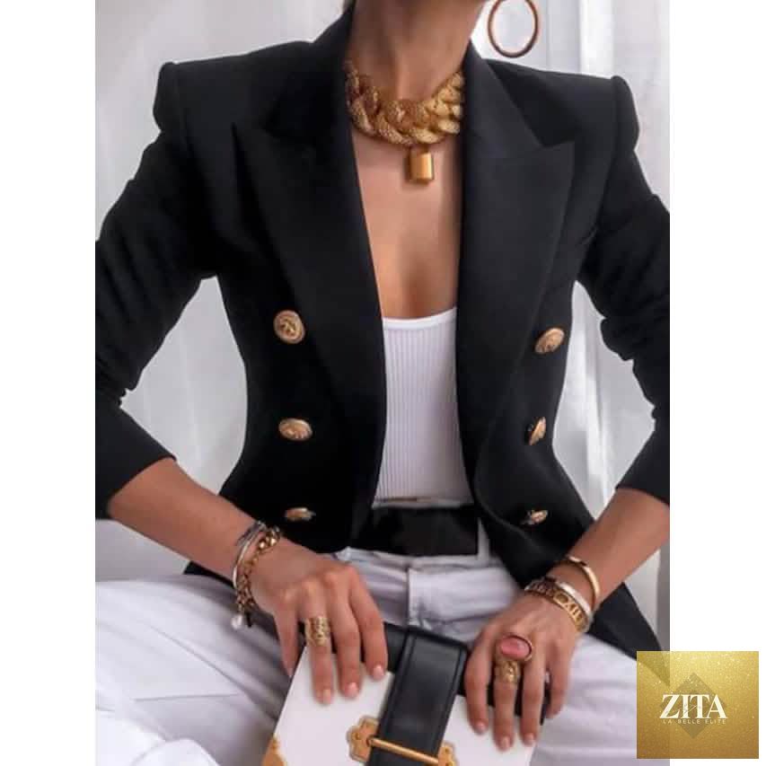 Women's black vintage-style blazer by EasyOptionXY, casual long sleeve coat with solid color, ideal for stylish everyday wear.