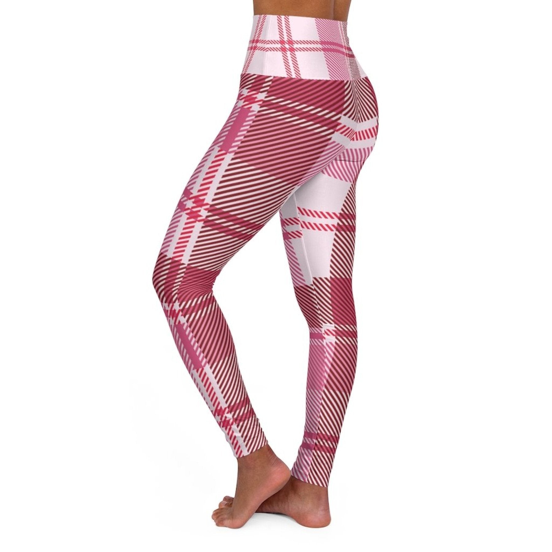Womens High Waist Fitness Leggings / Yoga Pants - Pink Plaid Grey Coco