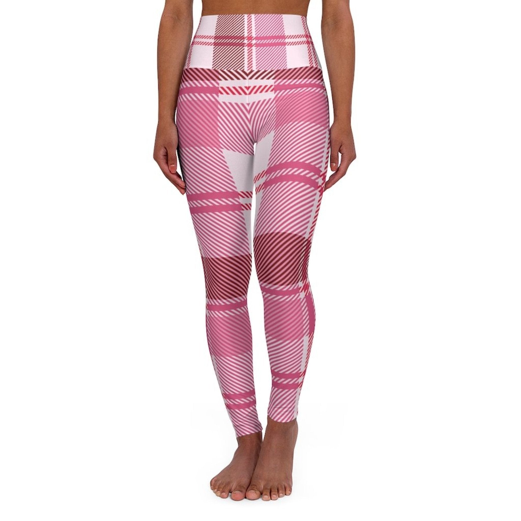 Womens High Waist Fitness Leggings / Yoga Pants - Pink Plaid Grey Coco