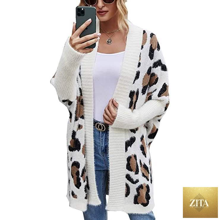 Women's beige leopard print knitting cardigan with long sleeves, stylish outerwear by EasyOptionXY.