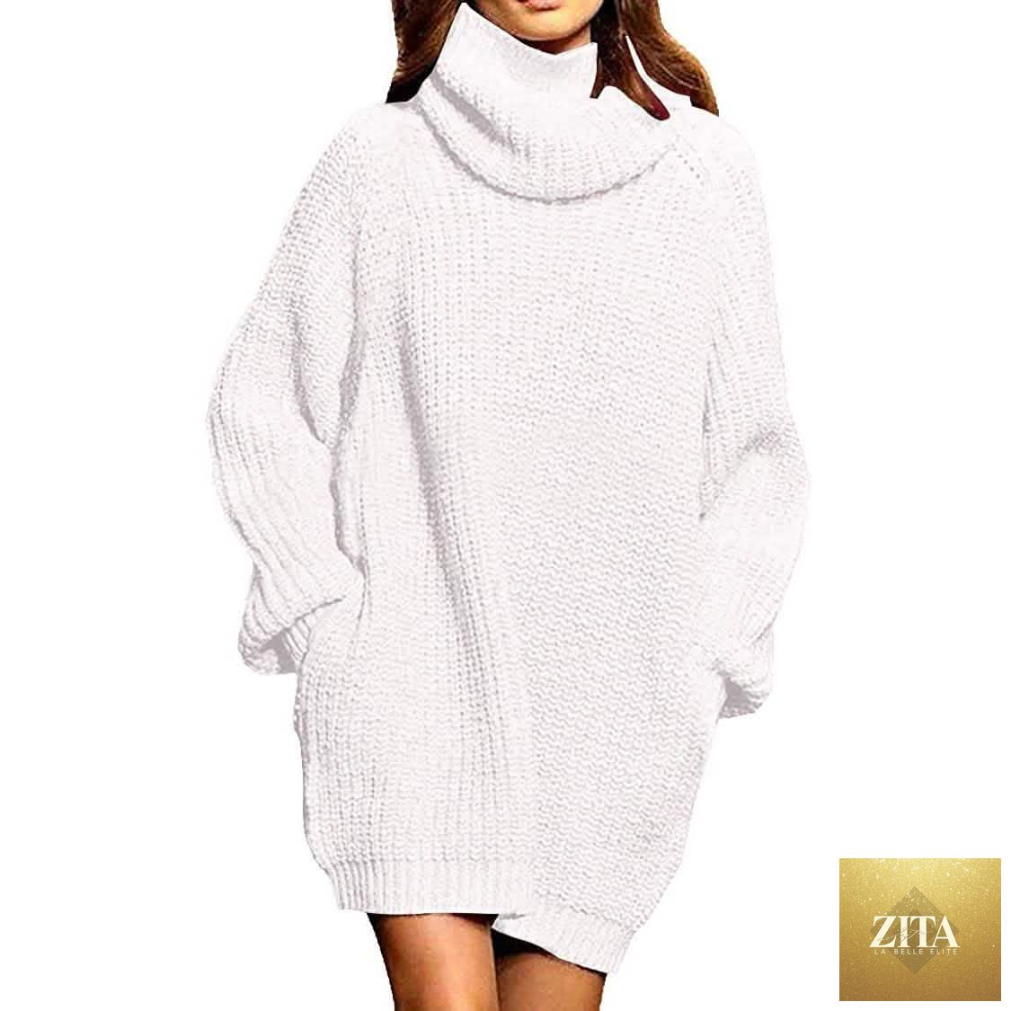 White women's oversized turtleneck sweater dress with a loose fit, perfect for casual wear and layering.