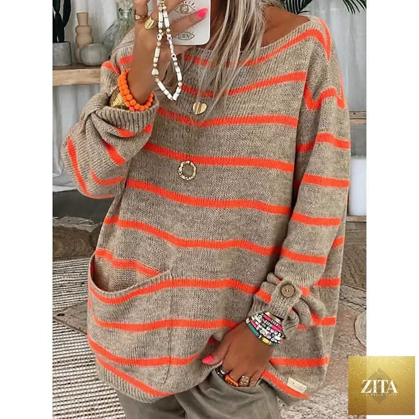 Women's orange cable knit pullover jumper with a knitted print and crew neck, styled as a cozy tunic top from EasyOptionXY.