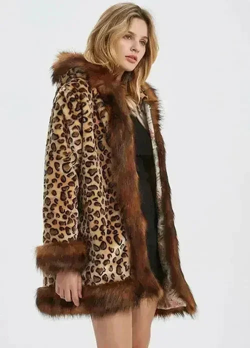 Leopard print faux fur collar jacket by Femstylo, stylish coat with long sleeves and button closure, shown on a model.