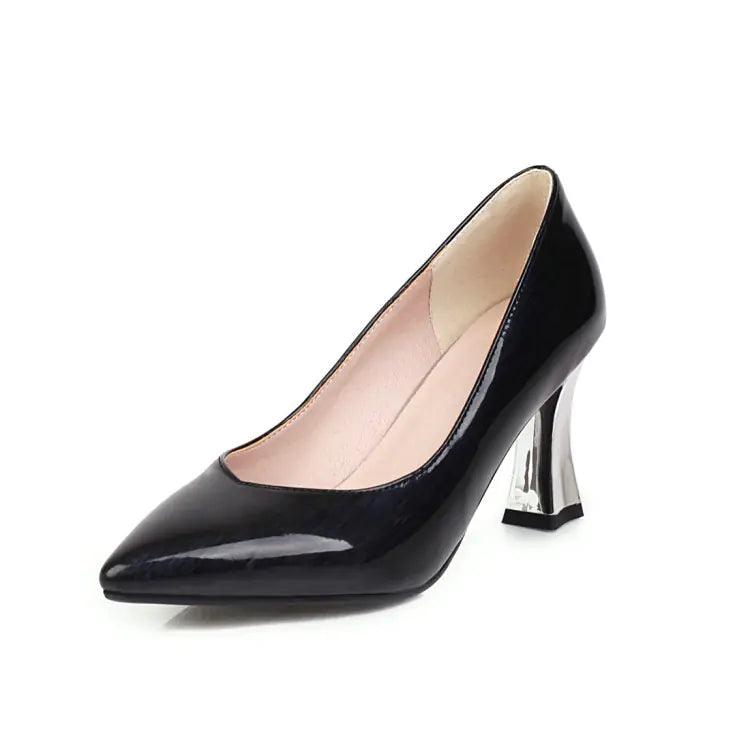 Pointed toe chunky heel women's shoes in black leather with stylish design, from Trendy Attic Store01
